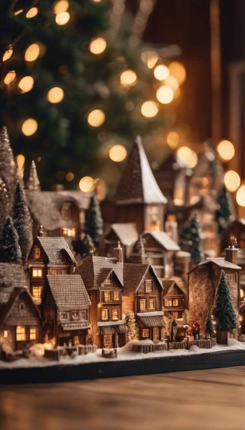 An idyllic scene of brown wooden Christmas village set on a mantel.