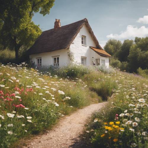一座迷人、古雅的白色乡村小屋，周围环绕着野花草甸。