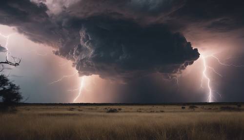 Uma tempestade se formando sobre uma savana sem fim, relâmpagos destacando o céu escuro.