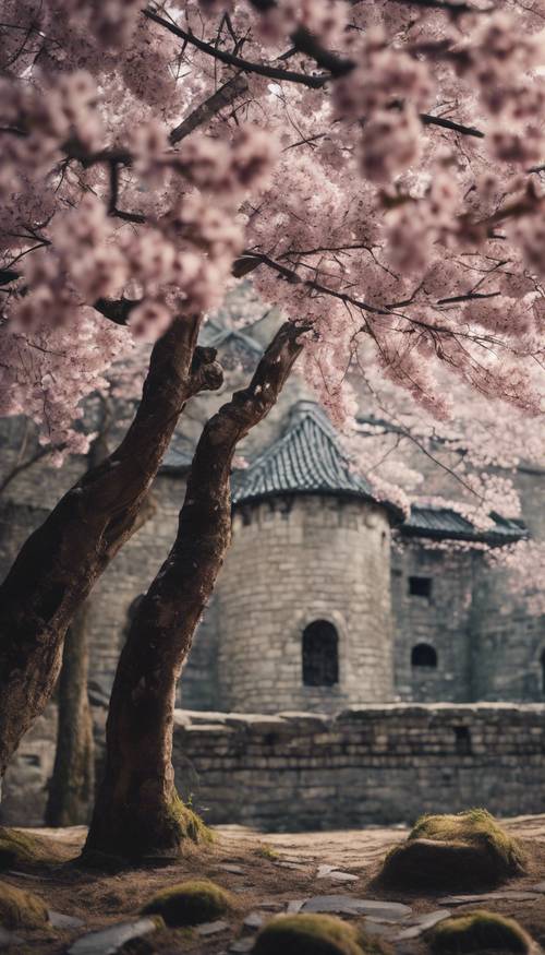 Dunkle Kirschblüten fallen sanft vor der Kulisse einer alten Steinburg.