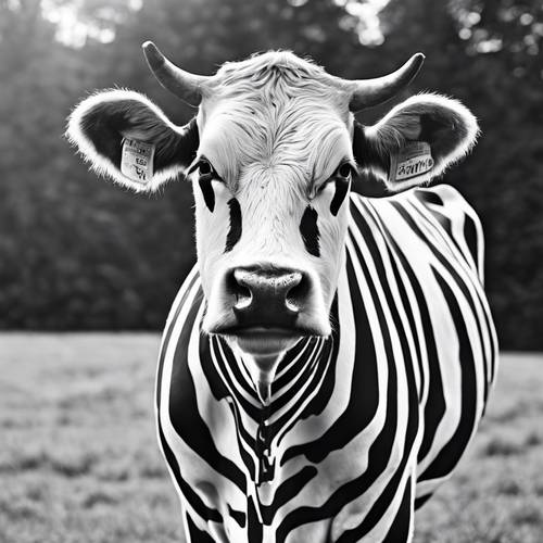 一頭黑白相間的牛，穿著條紋襯衫，看起來很精緻