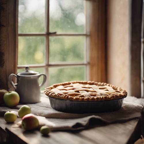 Une tarte aux pommes rustique refroidissant sur un rebord de fenêtre.
