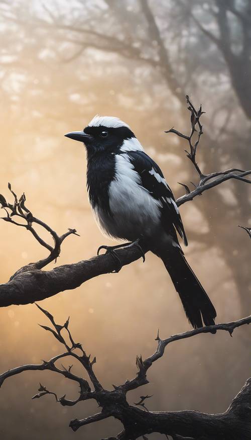 这是一幅丙烯画，画中有一只黑白相间的鸟栖息在树枝上，背景是雾蒙蒙的清晨日出。