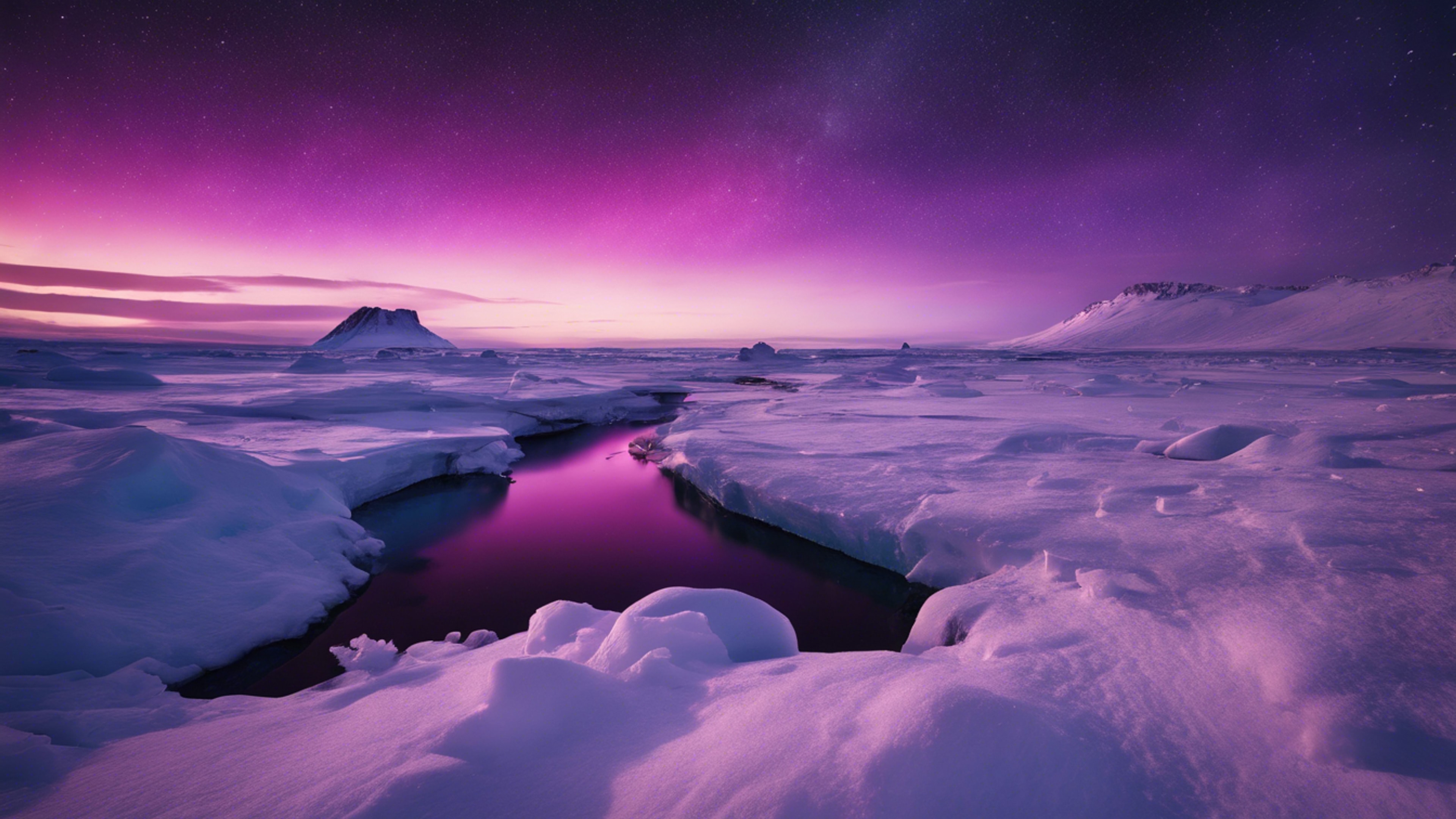 A dramatic, dark purple aurora borealis illuminating a desolate arctic landscape. Wallpaper[a90d57da21884e89bd72]
