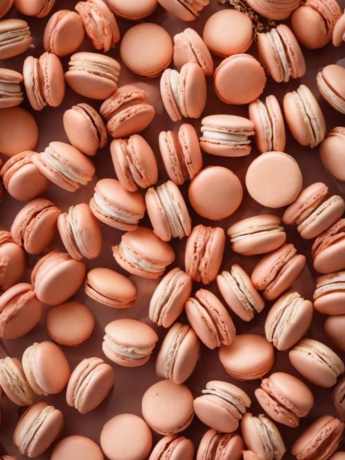 An array of peach macarons arranged in a delicate pattern.