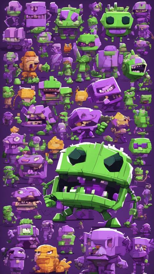 Eine Reihe violetter und grüner Pixelfiguren aus einem klassischen Arcade-Spiel, mitten im Kampf.