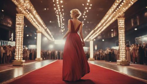 Prömiyerde kırmızı halıda yürüyen, dökümlü bir elbise giyen vintage bir Hollywood yıldızı.