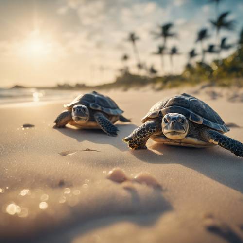 Scena mattutina di piccole tartarughe caretta che corrono tra le onde su una spiaggia tranquilla.