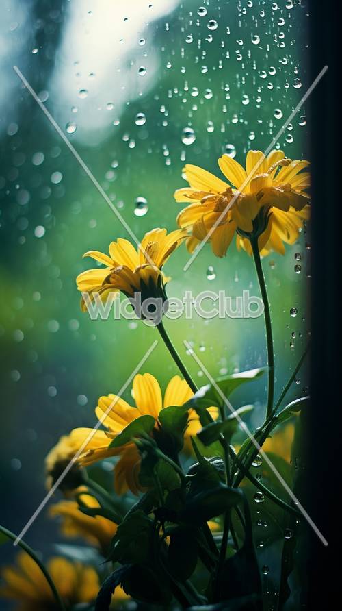 Flores amarelas brilhantes perto de uma janela chuvosa