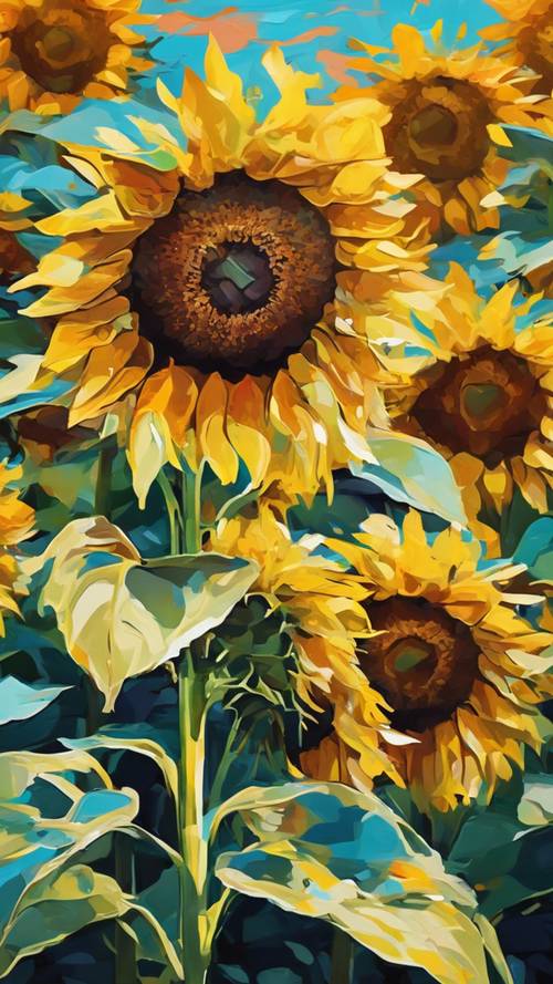Ein abstraktes digitales Gemälde eines Sonnenblumenfeldes in lebendigen und modernen Farben.