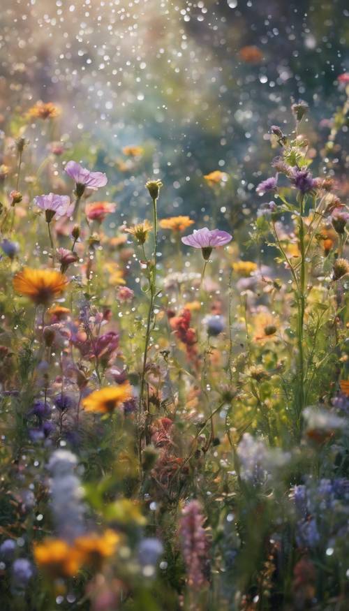 夢のような庭園を描いた壁紙：朝露がきらめく美しい野の花の絵