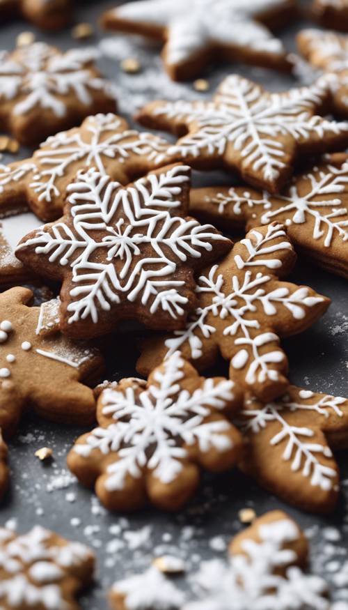 Deliciosas galletas navideñas marrones cortadas en varias formas, espolvoreadas con glaseado blanco que parecen una nevada.