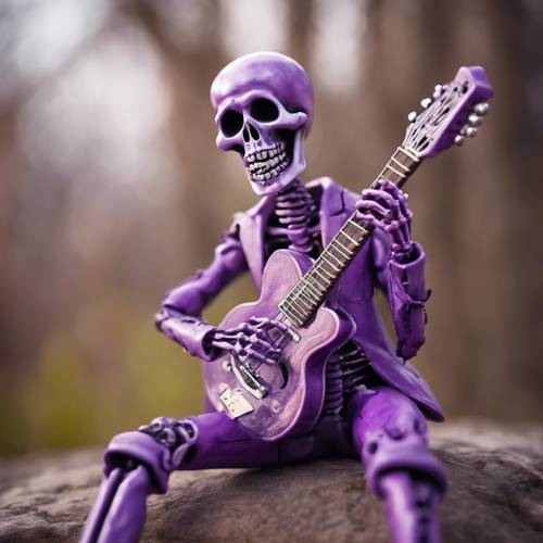Eine humorvolle Szene mit einem glückseligen lila Skelett, das Gitarre spielt.