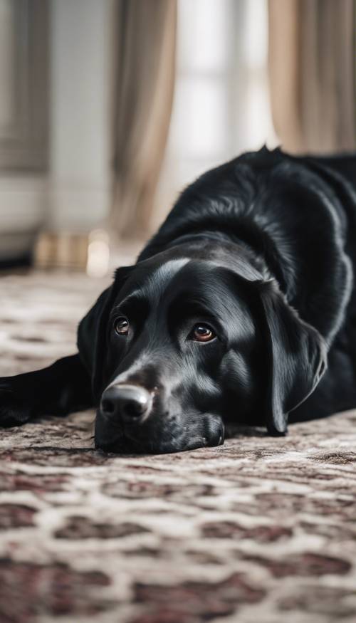 Um labrador preto com um rosto sombrio deitado no tapete.