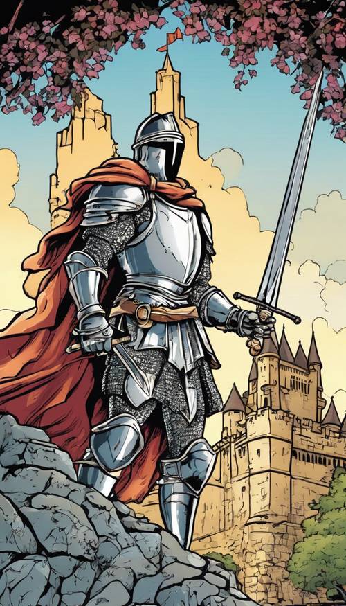Một hiệp sĩ hoạt hình dũng cảm và dũng cảm cầm thanh kiếm sáng bóng đứng trước một lâu đài lớn.