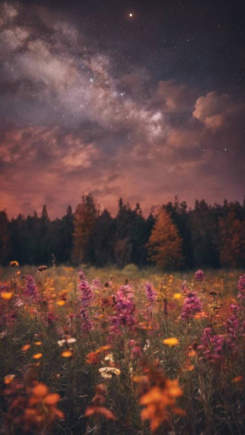 Geniş yıldızlı gökyüzünün altında ateşli sonbahar renklerine sahip, ay ışığının aydınlattığı kır çiçekleri tarlası.