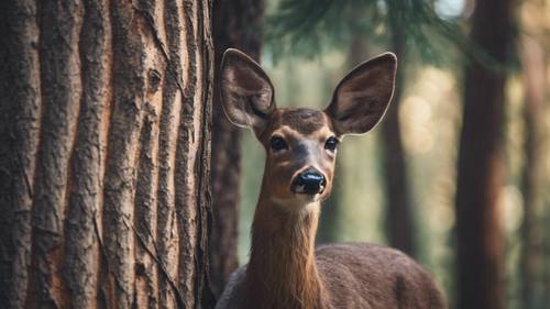 A curious deer peeking from behind the massive trunk of a pine tree