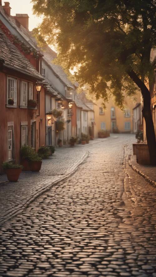 Una escena tranquila de una calle adoquinada vacía en un antiguo y pintoresco pueblo europeo al amanecer.