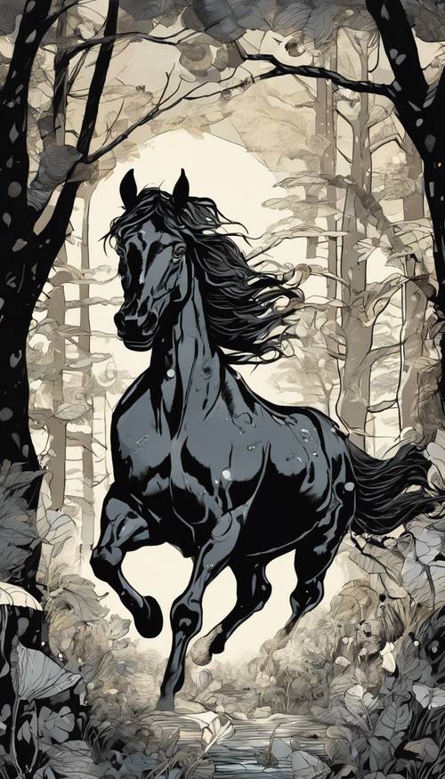 Seekor kuda kartun hitam energik berlari melintasi hutan ajaib dengan jamur bercahaya.