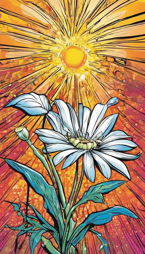 زهرة كرتونية نابضة بالحياة تتفتح في ضوء الشمس.