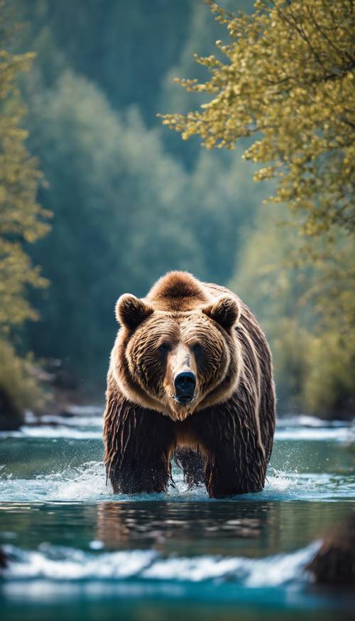 Um grande urso pardo em um rio azul claro, pescando salmão.