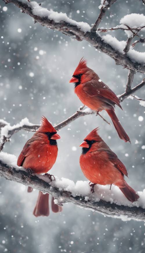 Una pareja de cardenales rojos posados en una rama nevada, añadiendo un toque de color al paraíso invernal.