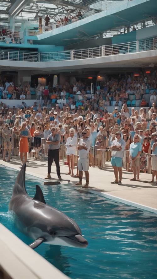 Ein erwartungsvolles Publikum wartet bei einer beliebten Meerestiervorführung darauf, dass ein Delfin einen erfolgreichen Turmsprung vollführt.