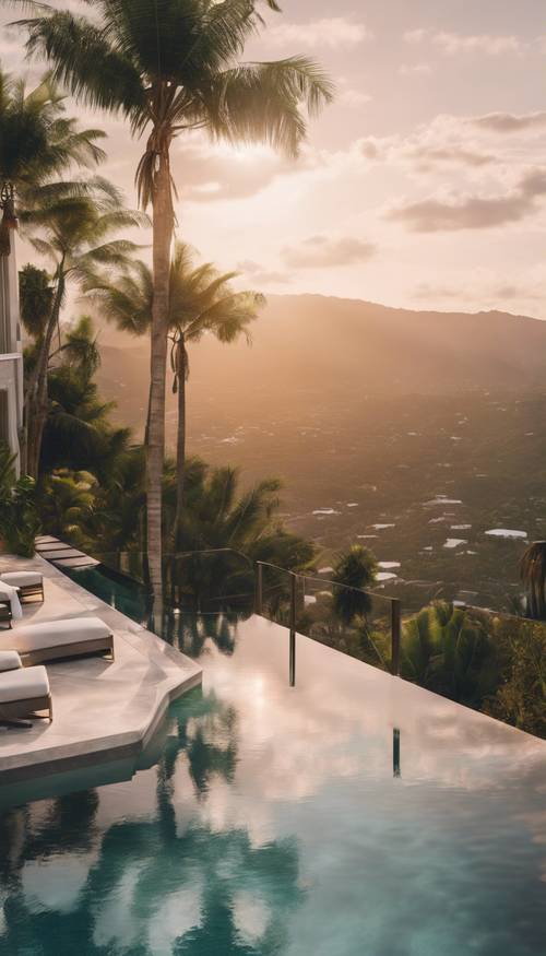 Vue de dessus d&#39;une piscine à débordement de luxe dans un manoir moderne à flanc de colline au coucher du soleil, avec des palmiers entourant la propriété.