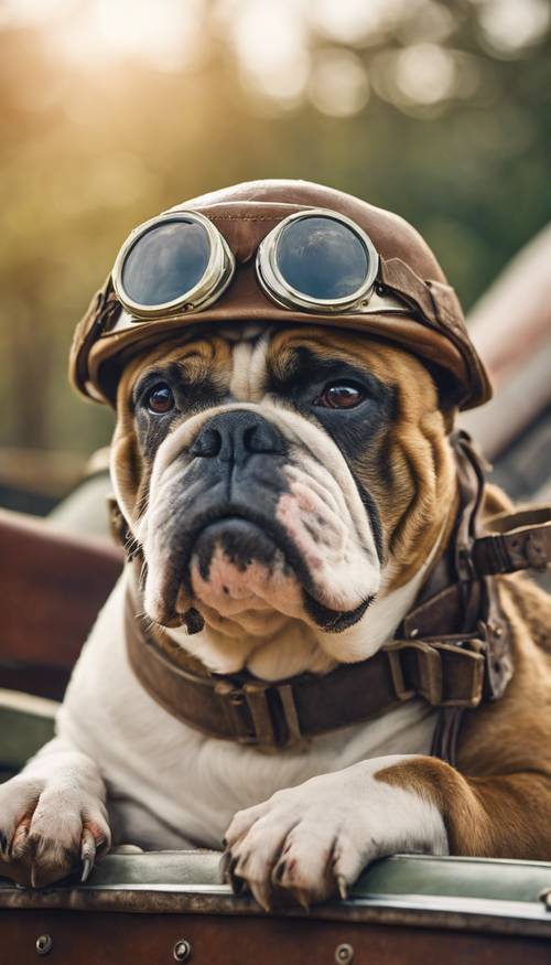 一只威严的斗牛犬，戴着一战时期的老式飞行员帽和护目镜，坐在一架简陋的飞机里。