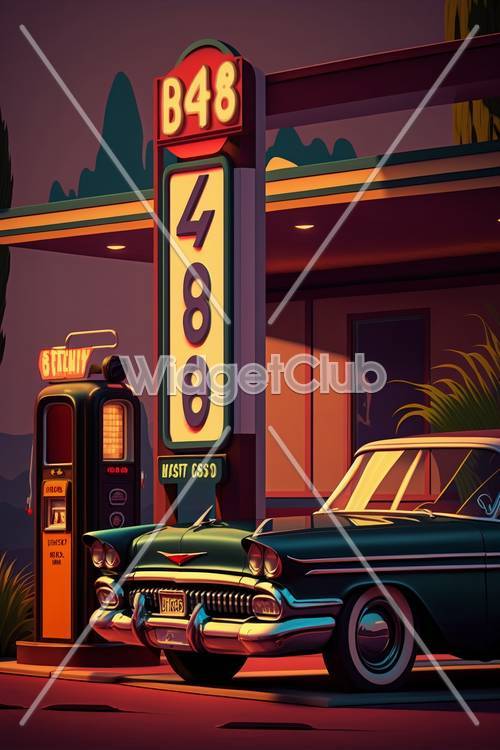 Retro Diner and Classic Car at Sunset