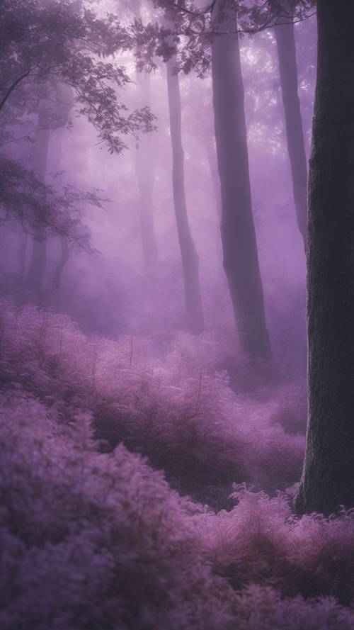 Escena etérea de un bosque tranquilo inclinado bajo una capa sedosa de niebla de color violeta claro.