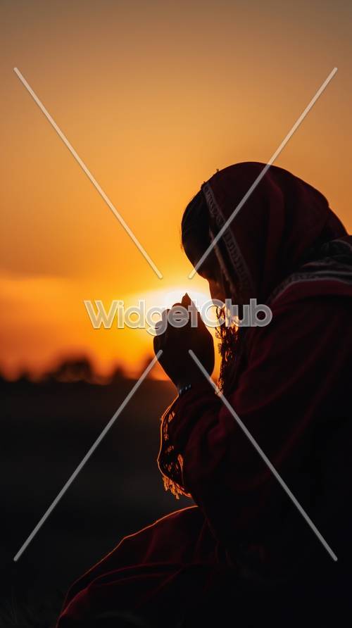 夕日の中で祈る女性のシルエット