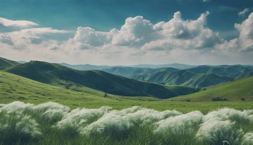 在充满蓬松白云的湛蓝天空下，连绵起伏的蓝草山丘呈现出壮丽的全景。