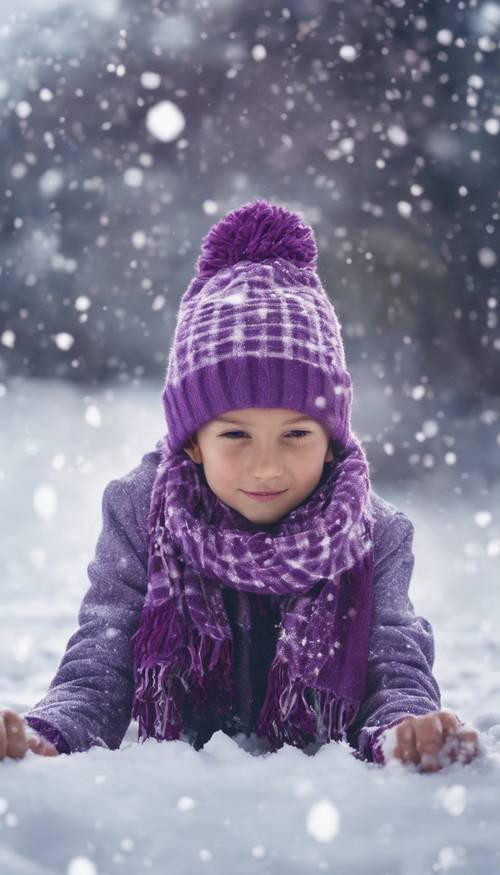 Seorang anak mengenakan syal kotak-kotak ungu, membuat malaikat salju.