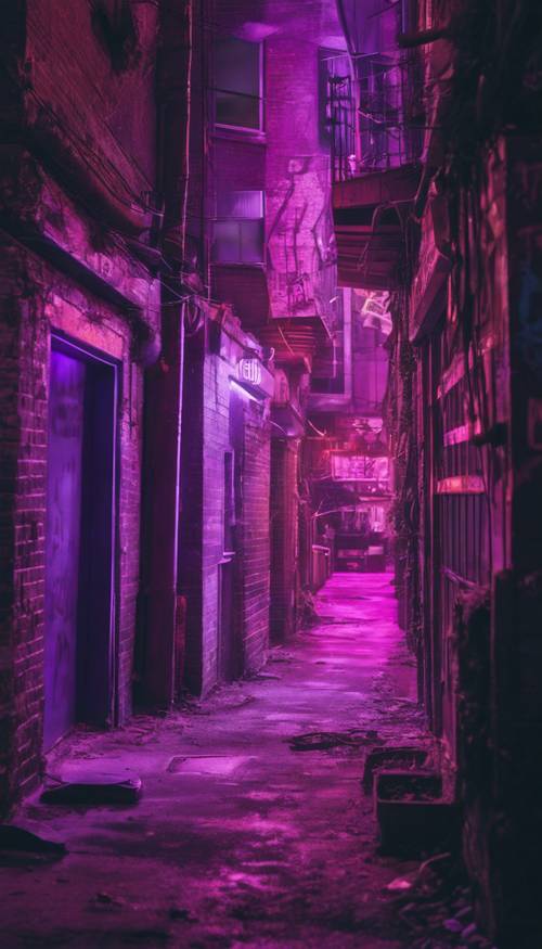외로운 보라색 네온 사인으로 빛나는 버려진 도시 골목길.
