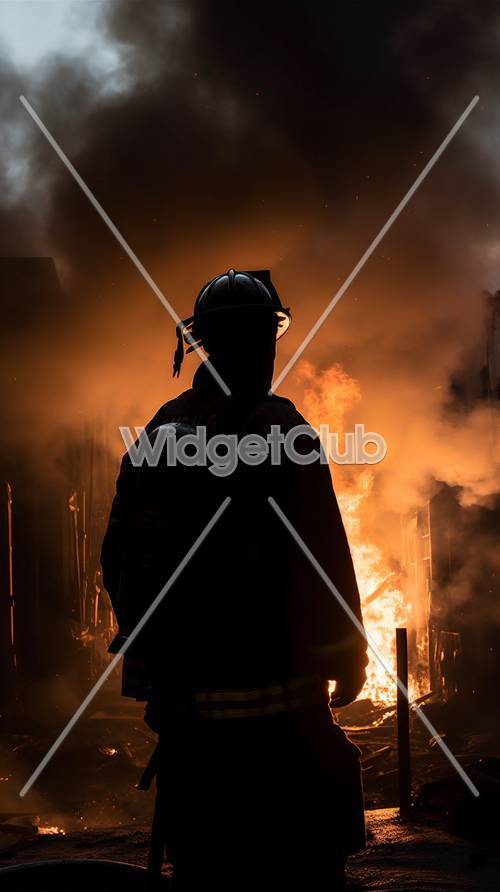 Vigile del fuoco in azione davanti a un incendio
