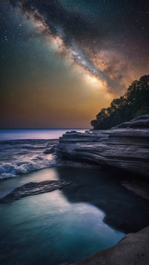 A mystical night at Turnip Rock in Port Austin, Michigan, with the Milky Way illuminating the sky.