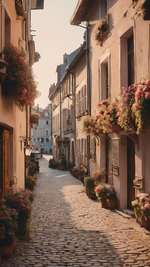 A charming, quaint European town with cobbled streets, unique boutiques, and flower-strewn balconies at sunset.