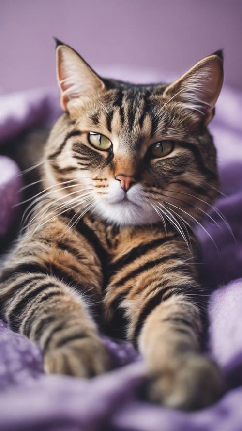 Ein spontanes Porträt einer getigerten Katze, die auf einer pastellvioletten Decke faulenzt.