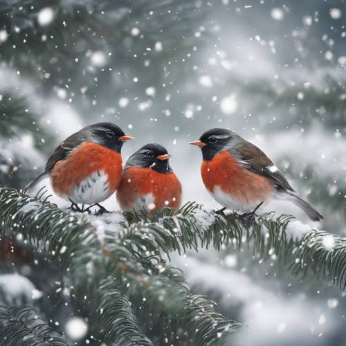 A heartwarming pair of red-breasted robins huddled on a snow-covered fir tree, with fine snowflakes gently falling all around.