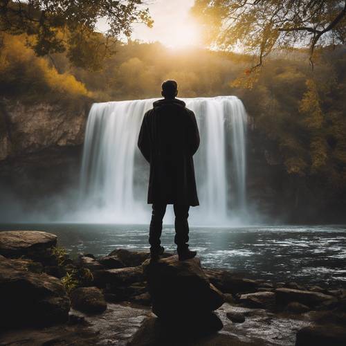 A silhouetted figure contemplating in front of a waterfall. Wallpaper [ac506d9f4f87413c8791]