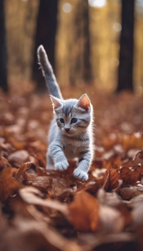 Um gatinho brincalhão golpeando uma folha roxa que cai nos arredores de uma floresta em meados do outono.