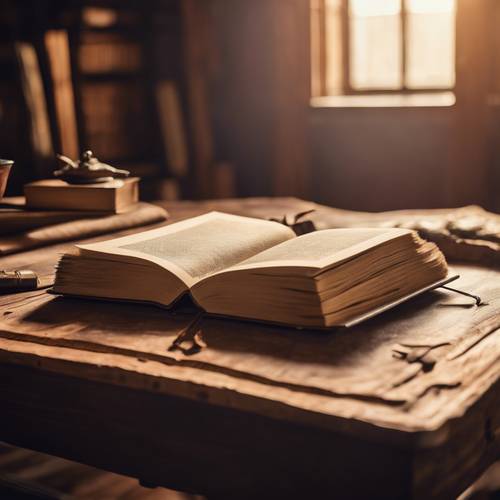 ספר גדול מעור חום מונח פתוח על שולחן עץ עתיק.