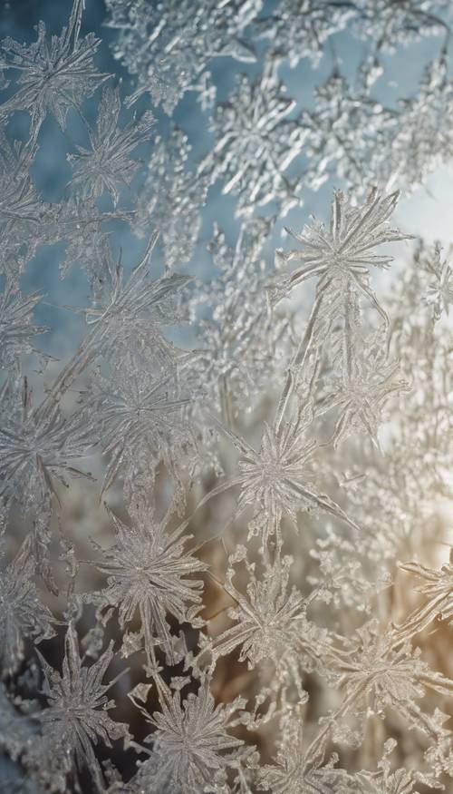 Pemandangan dari dekat pola es yang rumit di kaca jendela.