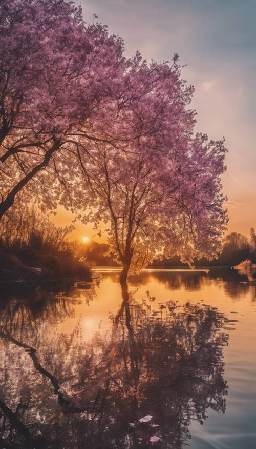 Um pôr do sol deslumbrante iluminando um tranquilo lago de primavera, cuja superfície reflete o céu colorido e as árvores floridas na costa.