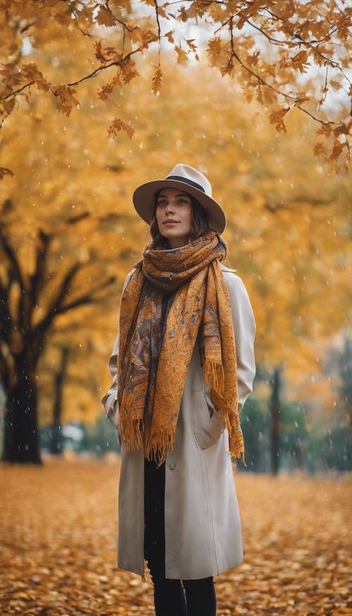一位年轻女子戴着波西米亚风格的围巾和帽子，站在公园里金色的秋叶雨下。