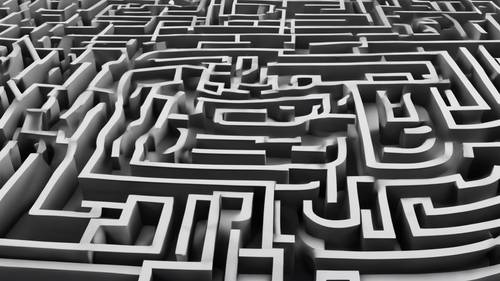 Una veduta aerea di un labirinto nero monocromatico minimalista.