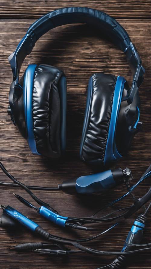 Headphone gaming biru dan hitam berteknologi tinggi di permukaan meja yang gelap
