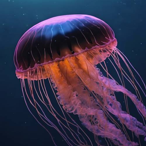 Un primer plano detallado de una medusa negra neón, flotando con gracia en las oscuras profundidades del océano.