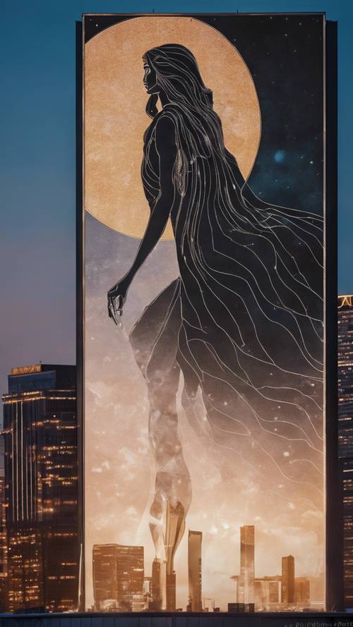 Упрощенное абстрактное изображение Девы, гордо изображенное на черном рекламном щите на фоне городского горизонта в сумерках.
